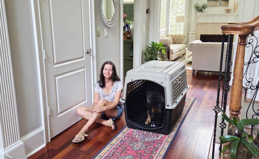 Sitting next to a crate with the dog eating inside. Demonstrated as a method to cure food aggression.